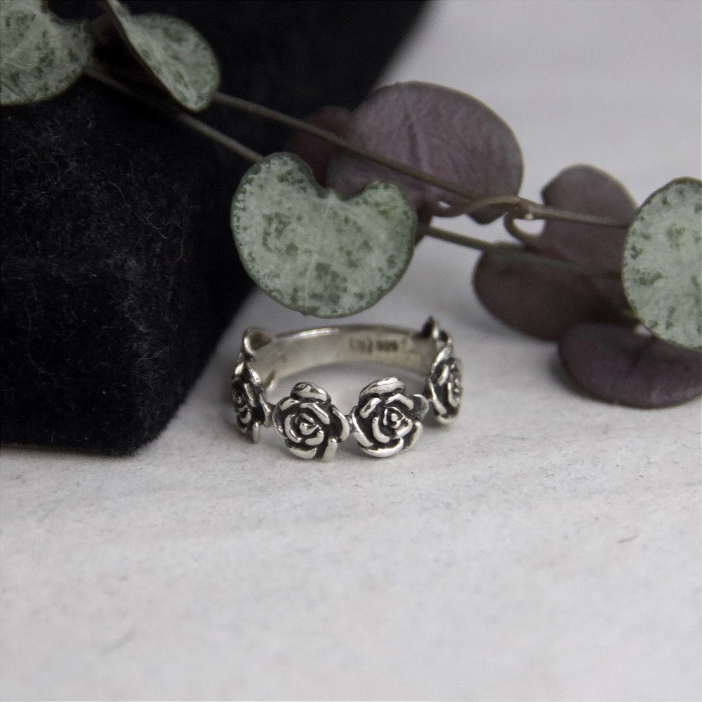 Sterling Silver 925 Rose Flower Band Ring Oxidized Floral Size 6